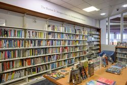 Bookshelves filled with books, overhead reads "The Burton D. Morgan Center for Entrepreneurship Research."
